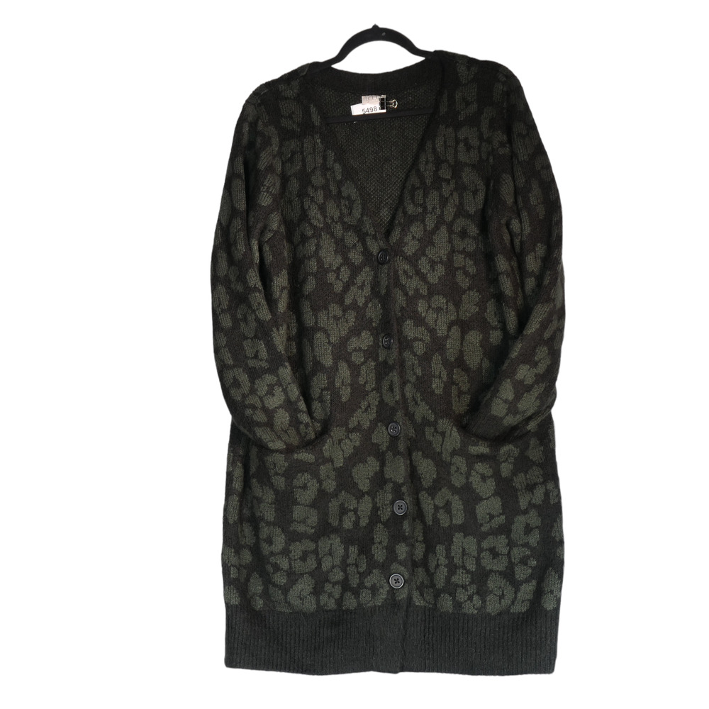 Logo Lori Goldstein Cardigan Sweater Womens Large Black Gray Wild Print Pockets